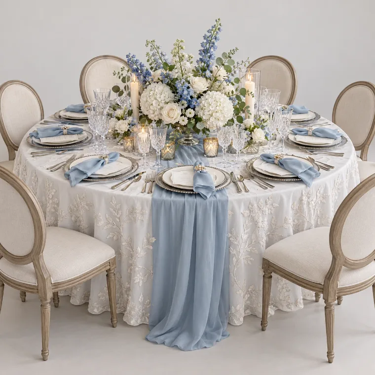 Something Blue: ivory embroidered lace, dusty blue gauze runner, white hydrangea