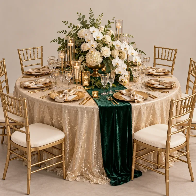 Emerald Gilded: champagne sparkle with an emerald velvet runner and white orchids