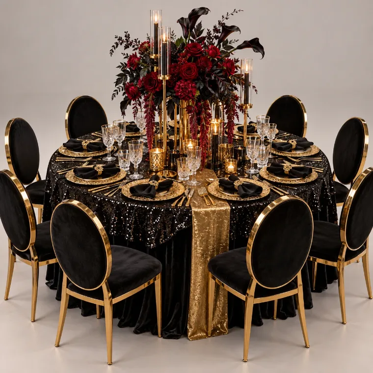 Midnight Noir: black sequin overlay, gold runner, red roses and gold round-back chairs